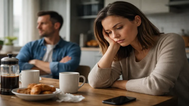 Para siedzi przy stole w kuchni i unika rozmowy, co obrazuje ciche dni w związku oraz emocjonalny dystans po konflikcie
