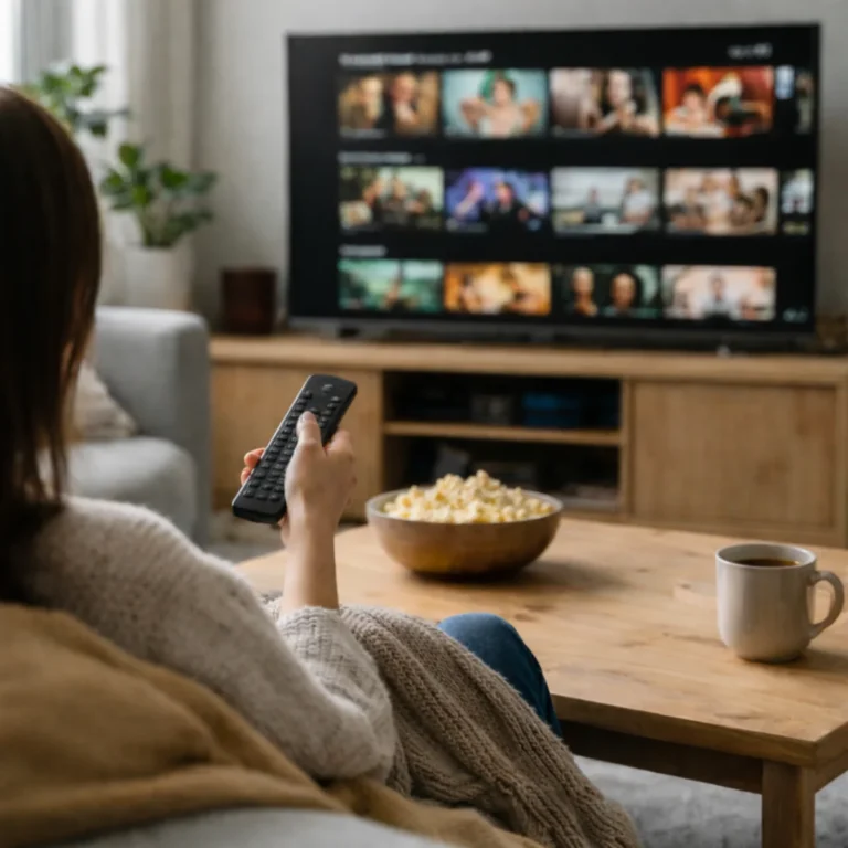 Kobieta na kanapie wybiera film lub serial na ekranie telewizora, obok miska popcornu i kubek kawy