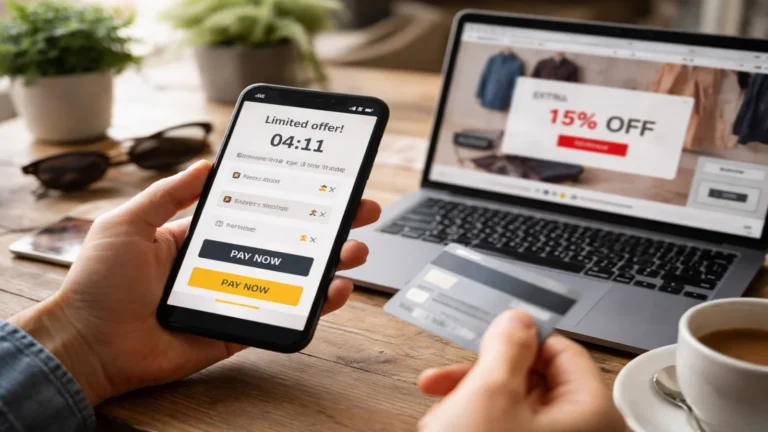 Smartfon z ekranem zakupów online i laptop z promocją w tle na biurku podczas płatności kartą