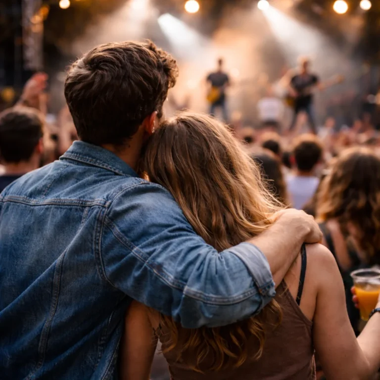 Para stojąca w tłumie na koncercie pod sceną z oświetleniem scenicznym i zespołem w tle