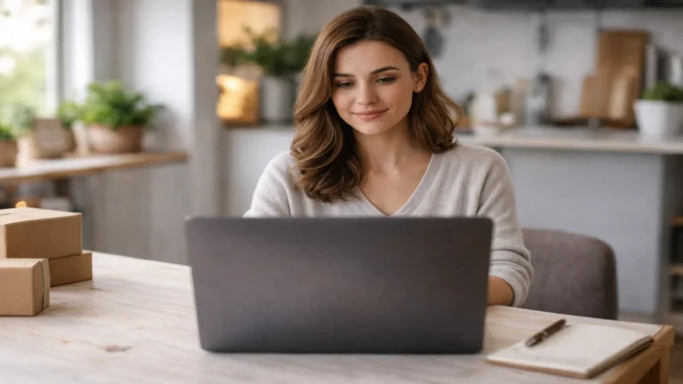 Kobieta siedząca przy stole i patrząca w laptop podczas zakupów online wspieranych przez AI