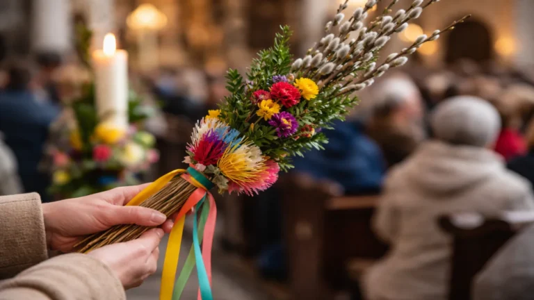 Palma wielkanocna trzymana w dłoniach podczas mszy w kościele w Niedzielę Palmową 2026