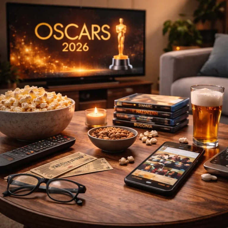 Wieczór oscarowy w domu: stolik z popcornem i przekąskami, świeczka i telefon, w tle ekran z grafiką Oscars 2026