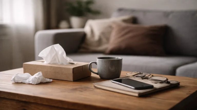 Stolik kawowy z chusteczkami, kubkiem, telefonem i okularami jako symbol kryzysu w związku