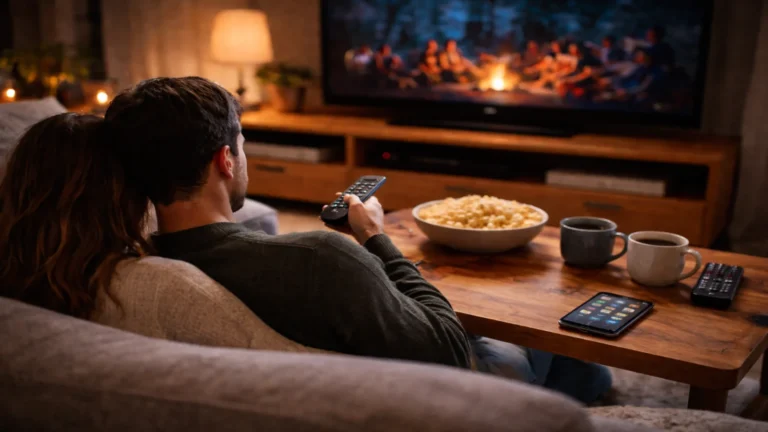 Para oglądająca serial wieczorem w salonie, popcorn na stoliku i pilot, premiery seriali wiosna 2026