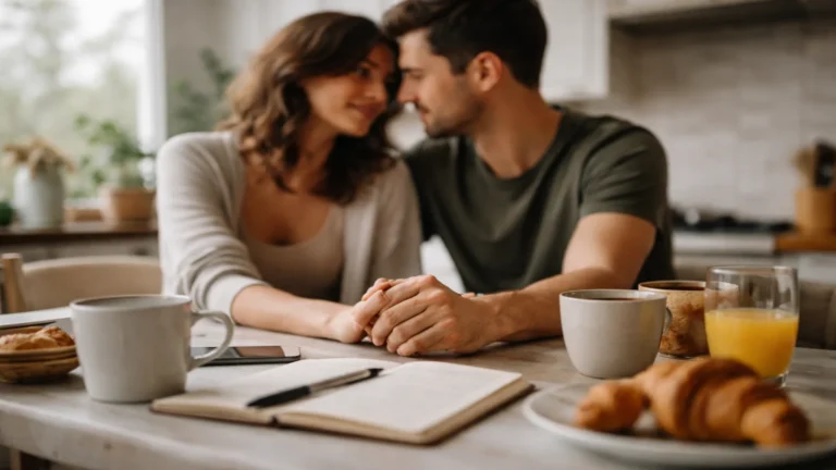 Para siedzi przy kuchennym stole i trzyma się za ręce podczas spokojnej rozmowy przy kawie