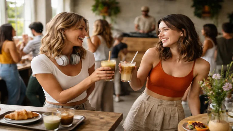 Dwie kobiety z mrożoną kawą podczas coffee party w kawiarni w stylu soft clubbing