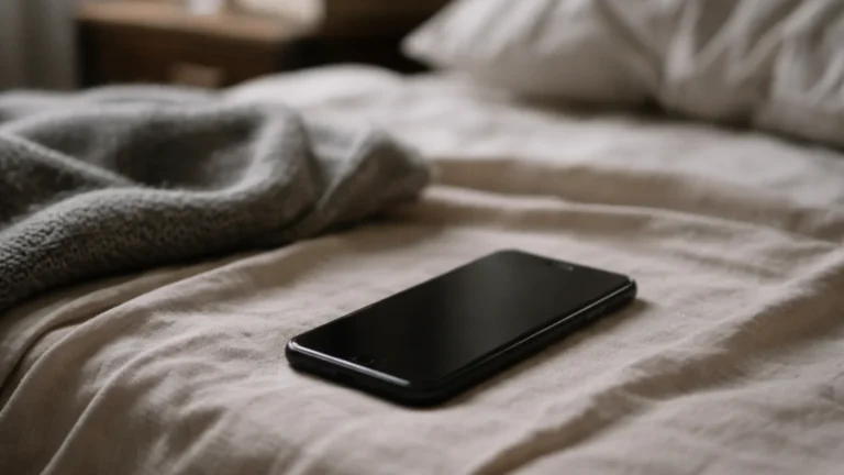 Telefon leży na niepościelonym łóżku w sypialni podczas porannej ciszy po randce