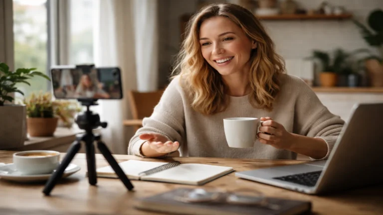 Twórczyni internetowa nagrywa naturalne wideo do social mediów przy stole z laptopem i notatnikiem