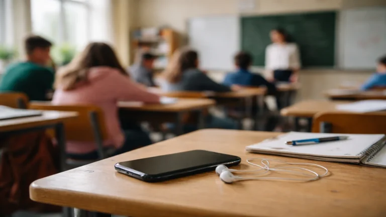 Telefon i słuchawki na szkolnej ławce podczas lekcji, w tle rozmyta klasa i nauczycielka