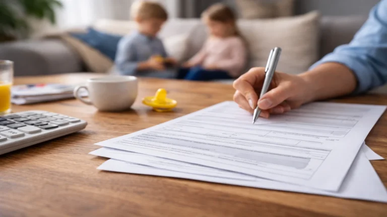 Wypełnianie dokumentów do 800 plus 2026 przy stole w domu, z dziećmi w tle