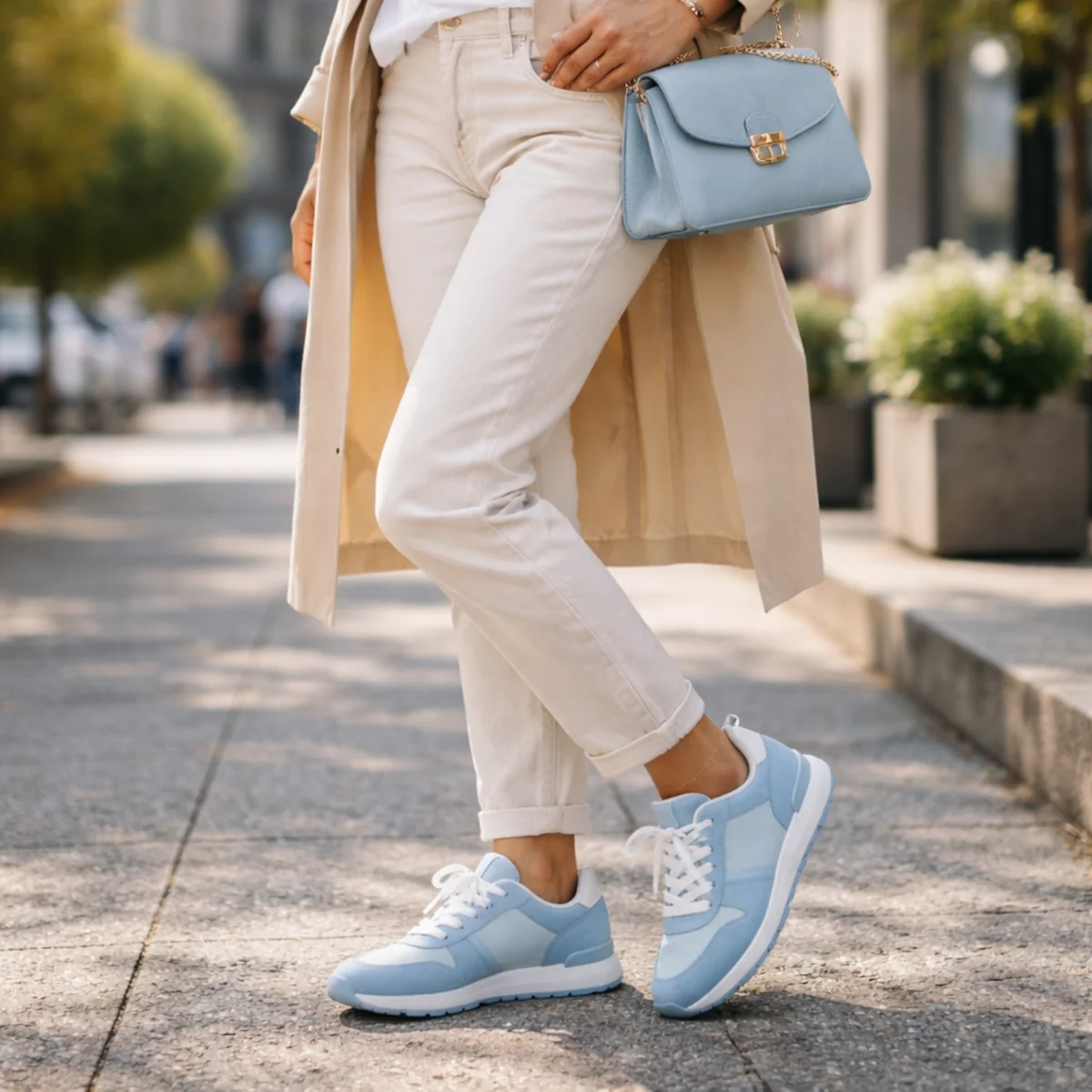 Błękitne sneakersy damskie do beżowego trencza i jasnych spodni w miejskiej stylizacji