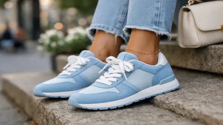 Błękitne sneakersy damskie w zestawie z jasnymi jeansami na miejskich schodach