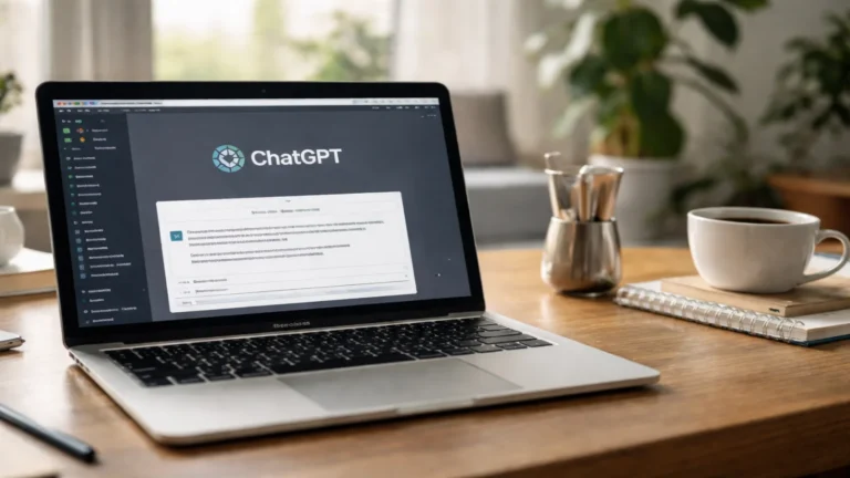 Laptop z otwartym ChatGPT na drewnianym biurku w jasnym domowym wnętrzu