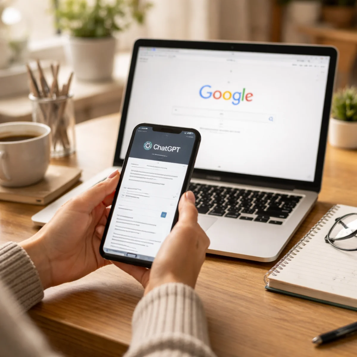 Osoba korzysta z ChatGPT na telefonie przy laptopie z otwartą wyszukiwarką Google