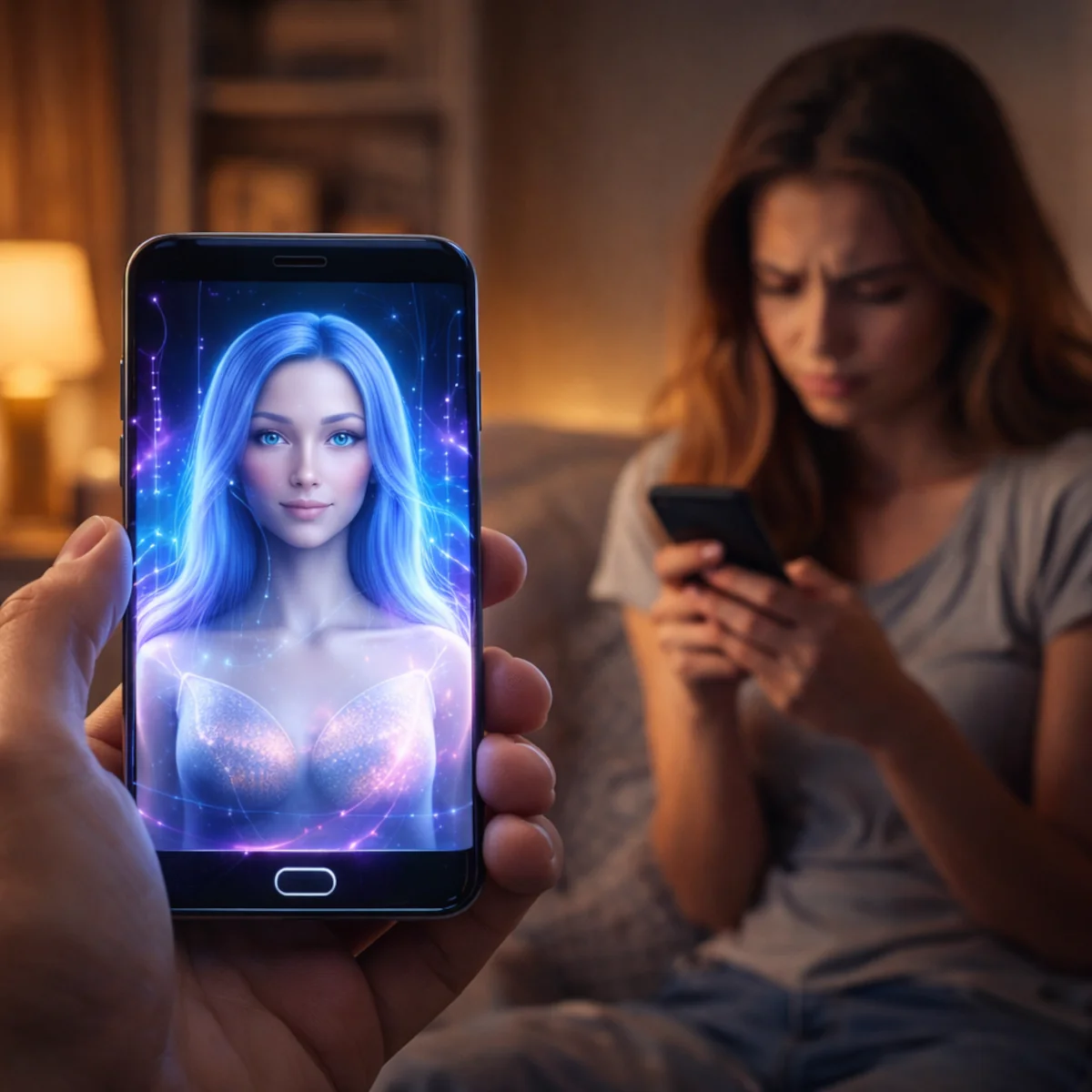 Kobieta patrząca na telefon, a na pierwszym planie ekran smartfona z kobiecym awatarem AI symbolizującym emocjonalną relację z chatbotem