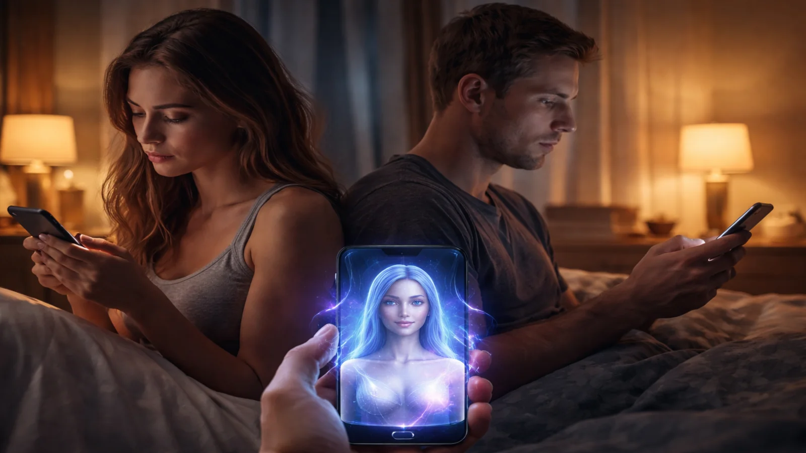 Para siedząca tyłem do siebie w łóżku z telefonami, a na pierwszym planie smartfon z awatarem AI symbolizującym napięcie w związku