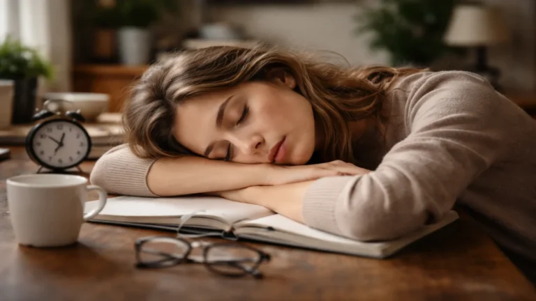 Zmęczona kobieta zasypia przy stole z kubkiem kawy i budzikiem obok