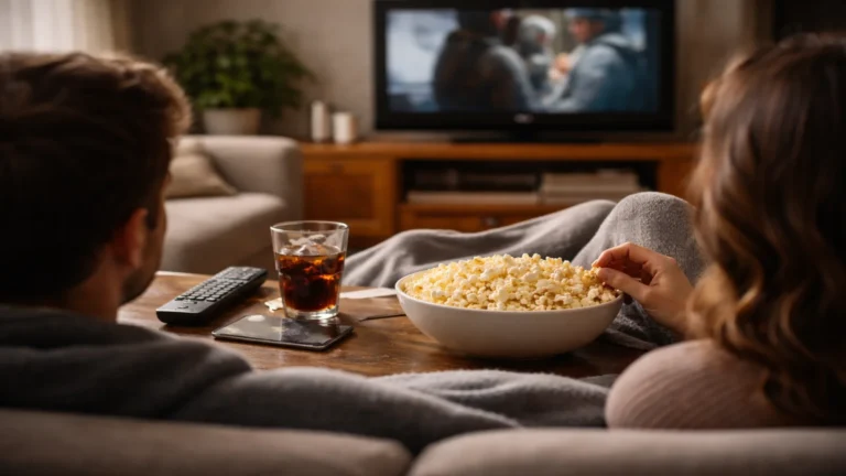 Para ogląda film wieczorem w salonie przy popcornie i napoju