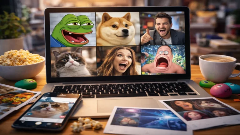 Laptop i smartfon na biurku z kolażem viralowych treści, pokazujące memy i filmiki z sieci w codziennym internetowym obiegu