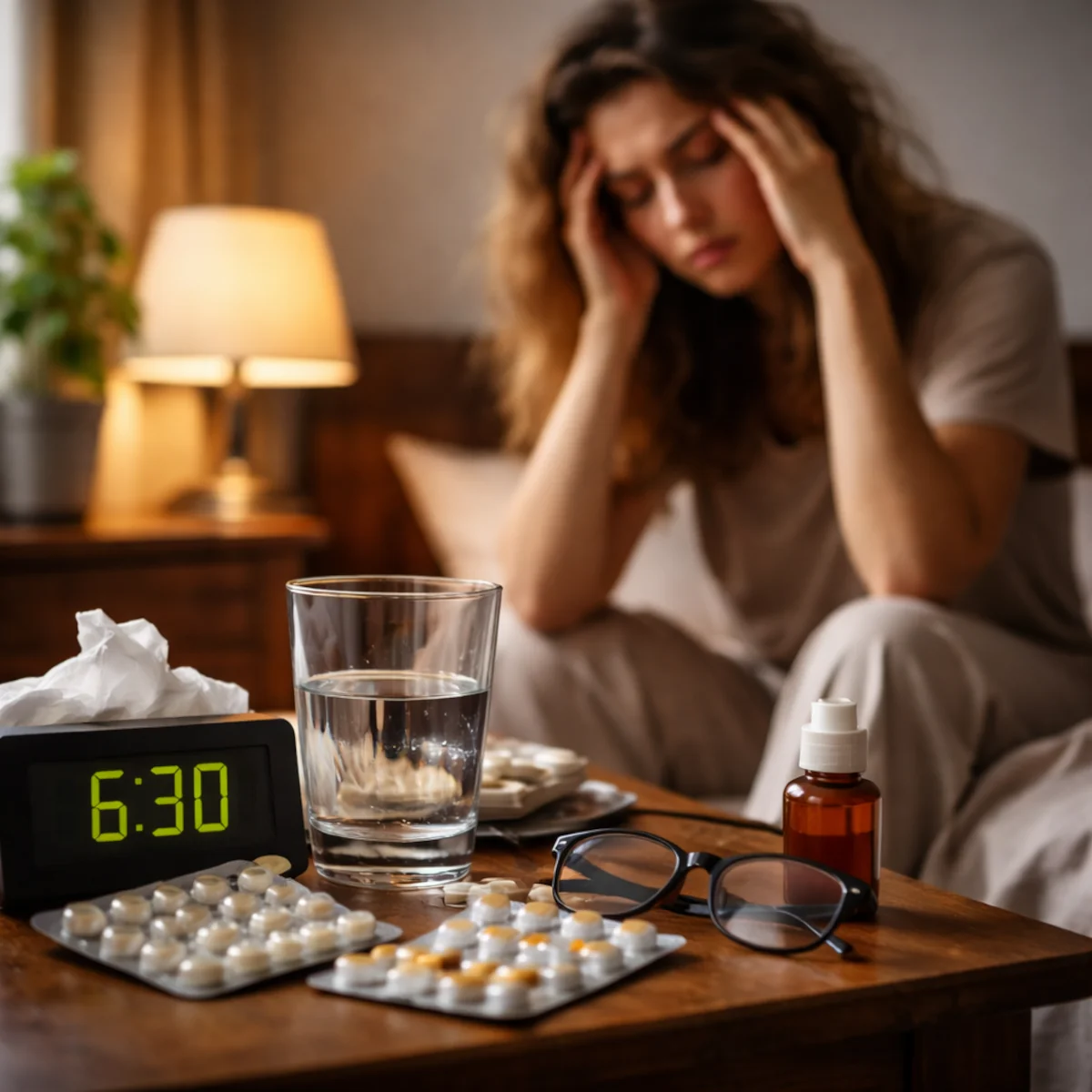 Senna kobieta siedzi na łóżku obok stolika z budzikiem, szklanką wody i lekami