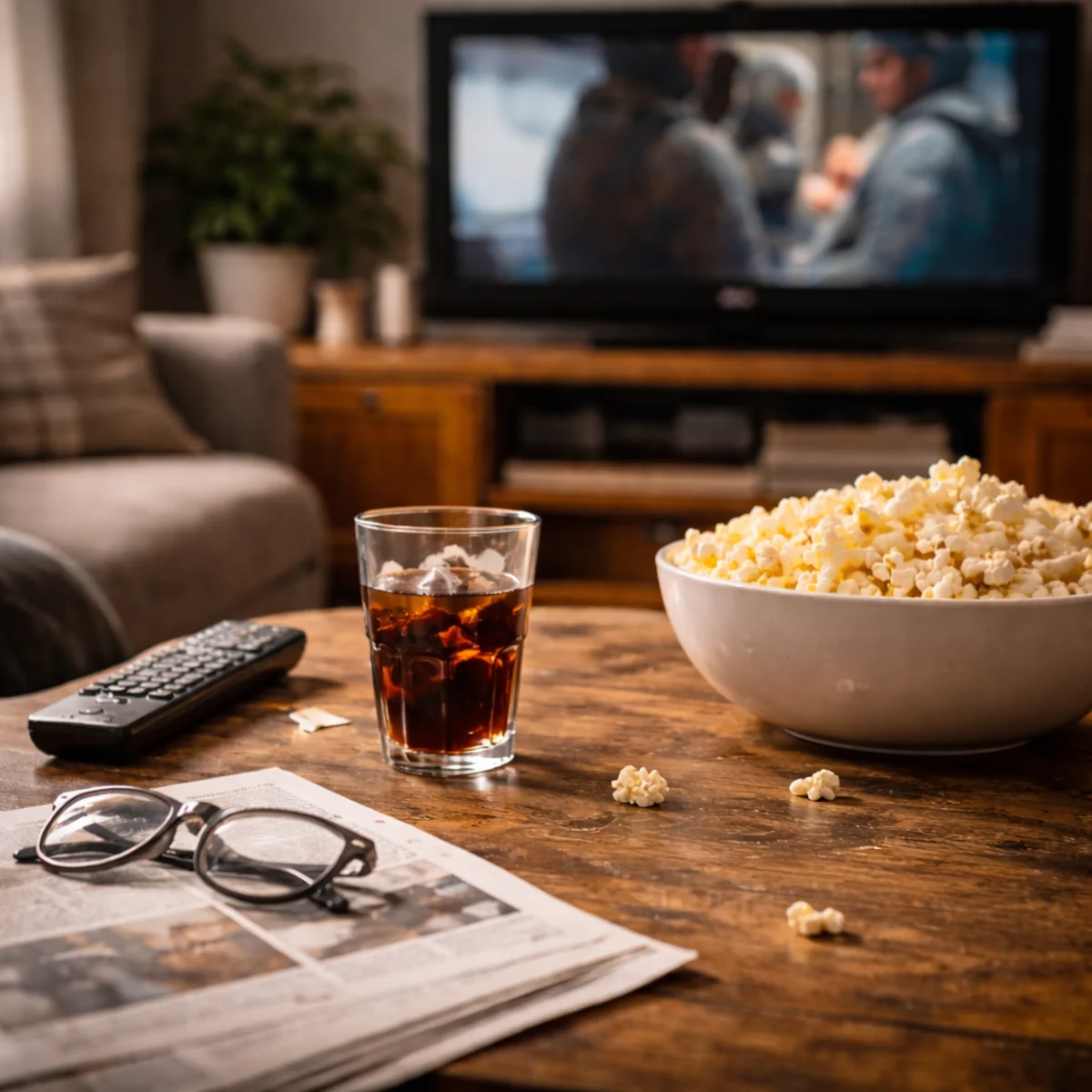 Stolik w salonie z popcornem, pilotem, okularami i telewizorem w tle podczas seansu