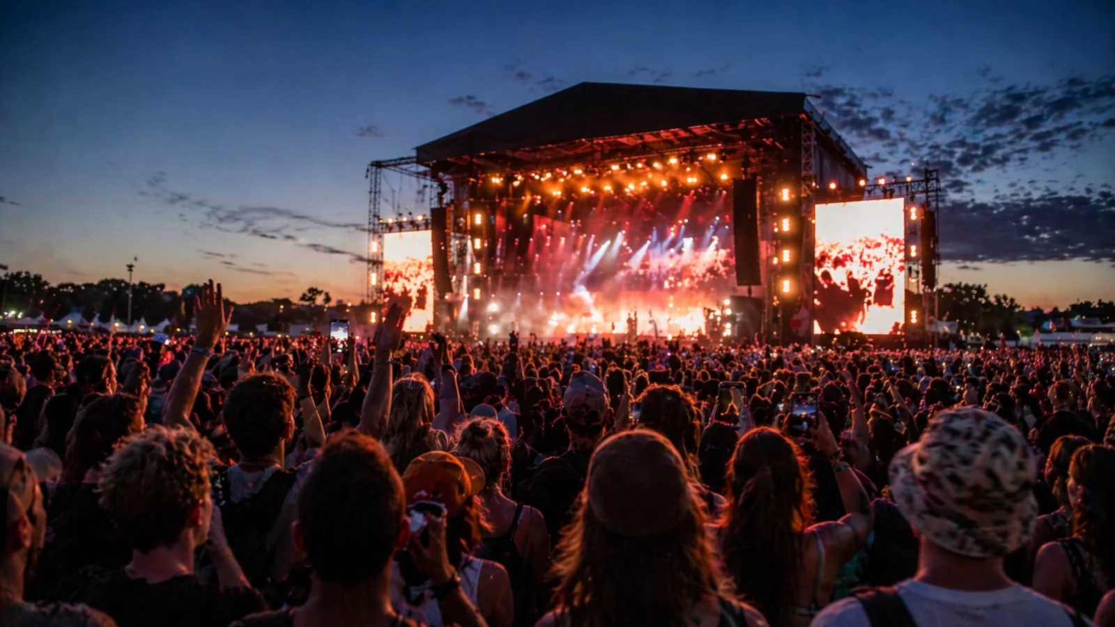 Tłum pod sceną podczas Orange Warsaw Festival 2026 wieczorem, koncert na dużej plenerowej scenie