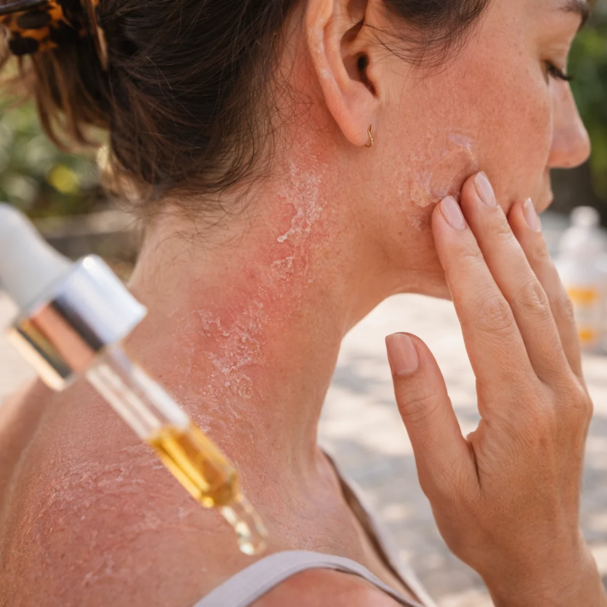 Kobieta z podrażnioną i zaczerwienioną skórą twarzy oraz szyi latem, pielęgnacja skóry po retinolu