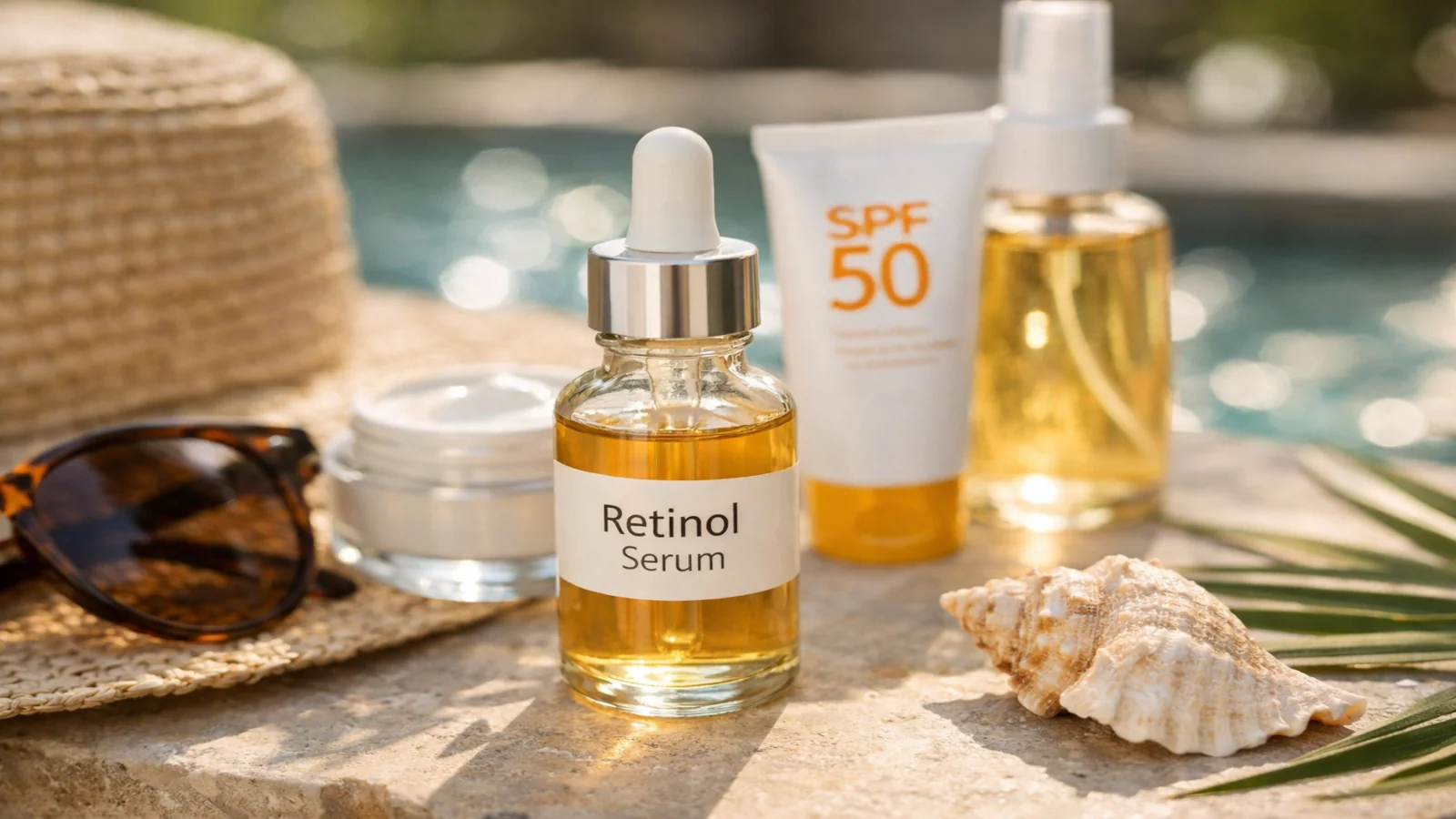 Kosmetyki do pielęgnacji latem, serum z retinolem i krem SPF 50 na kamiennym blacie w słońcu