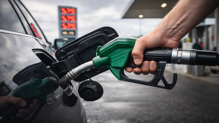 Ręka trzymająca pistolet paliwowy podczas tankowania samochodu na stacji