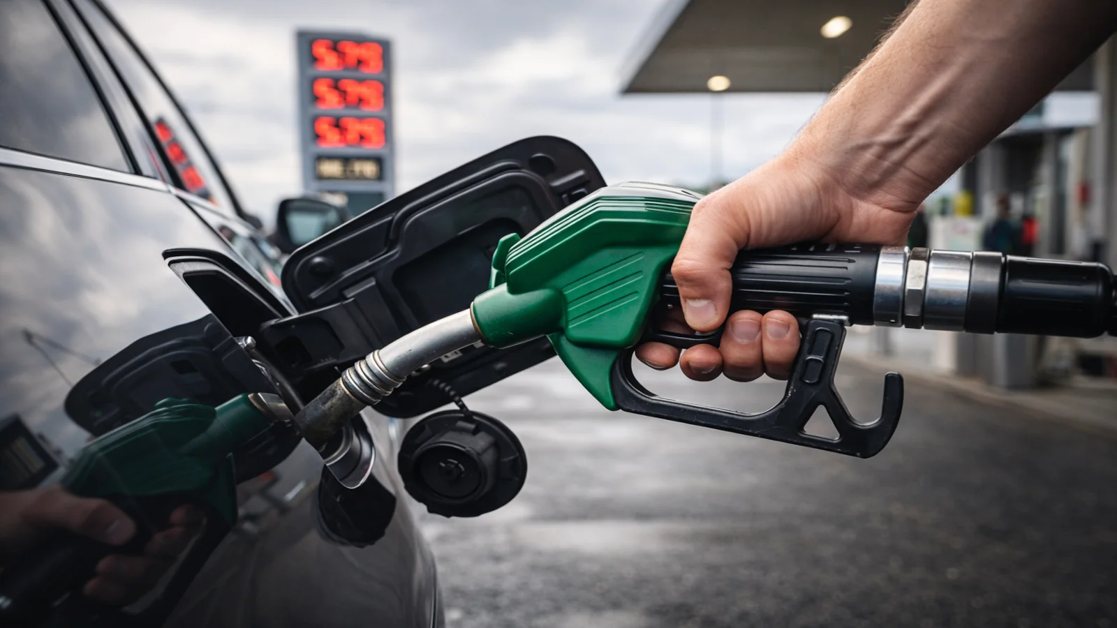 Ręka trzymająca pistolet paliwowy podczas tankowania samochodu na stacji