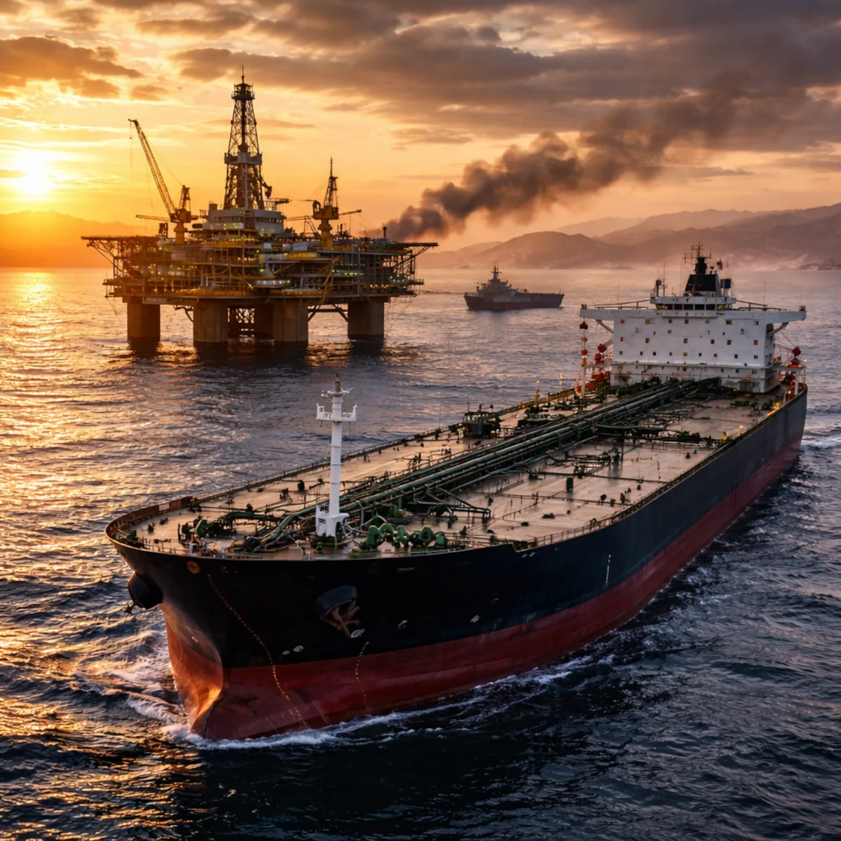 Tankowiec na morzu obok platformy wydobywczej ropy o zachodzie słońca