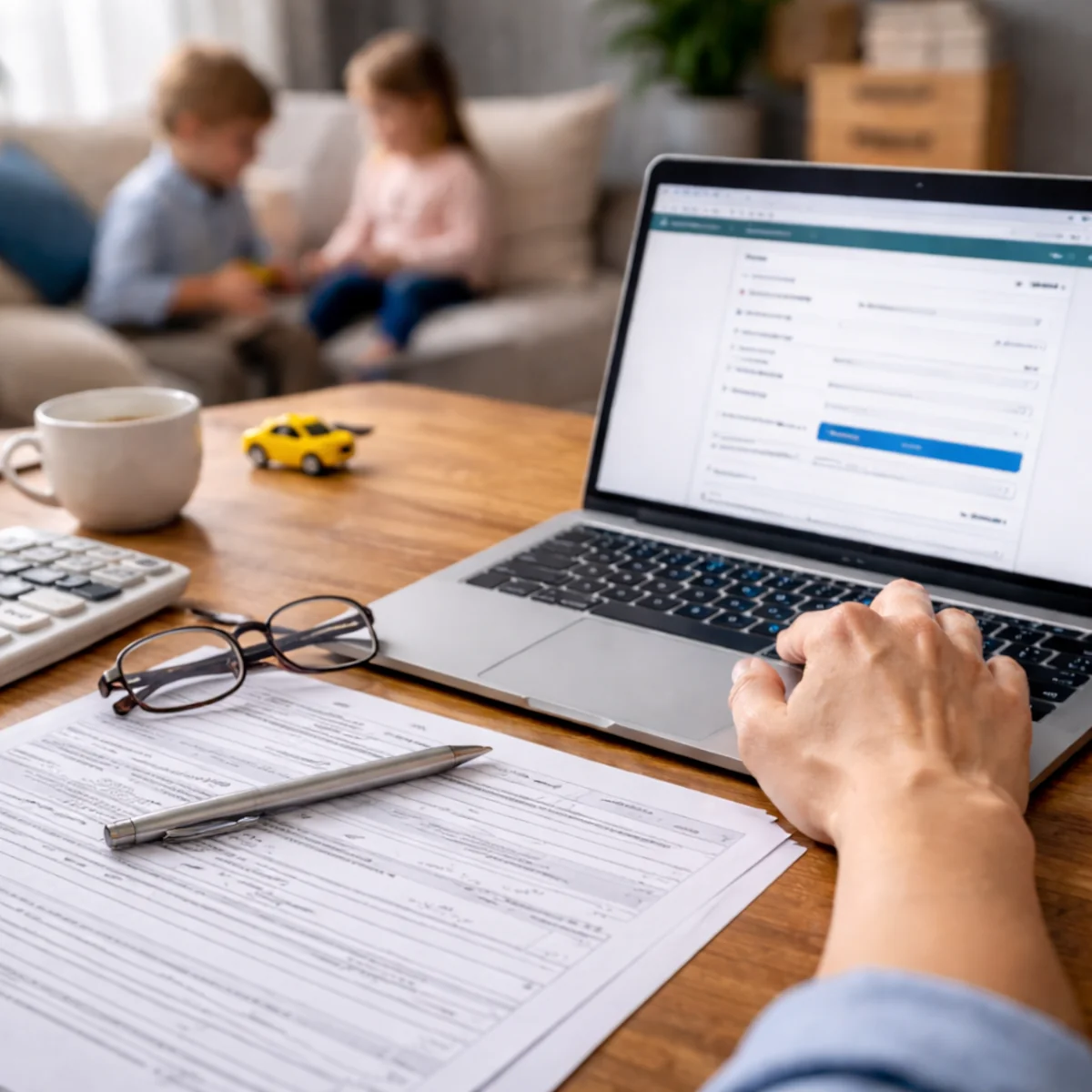 Matka składa wniosek o 800 plus 2026 na laptopie przy stole, a dzieci bawią się w tle