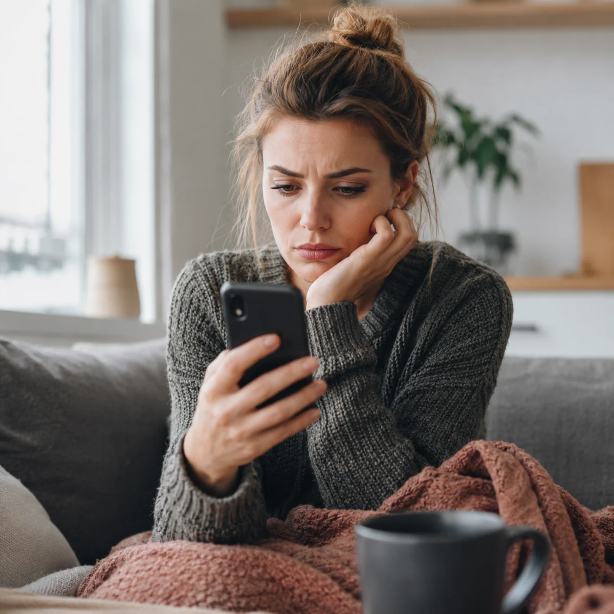 Zamyślona kobieta patrzy w smartfon, czekając na odpowiedź po kilku dniach ciszy w relacji