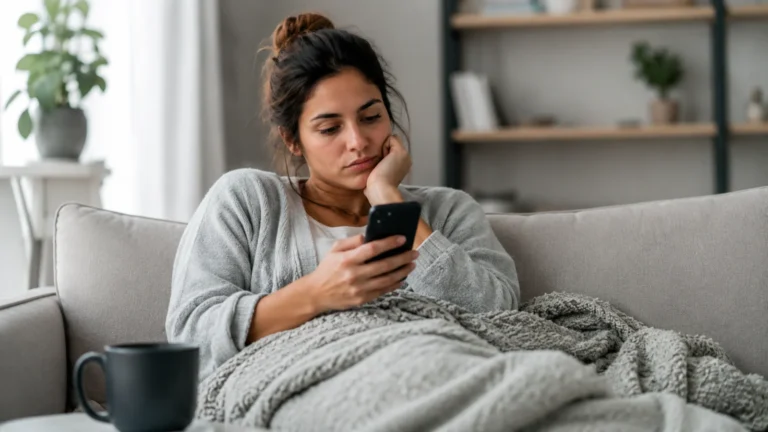 Kobieta leżąca na kanapie patrzy w telefon i czeka na wiadomość, zastanawiając się, dlaczego on odpisuje po kilku dniach