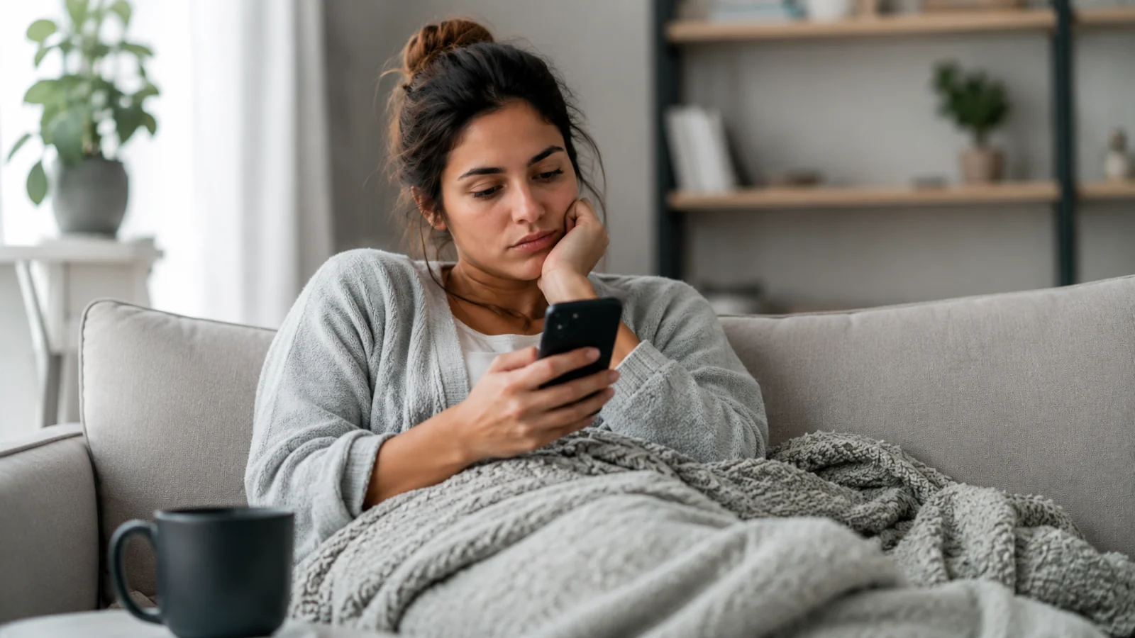 Kobieta leżąca na kanapie patrzy w telefon i czeka na wiadomość, zastanawiając się, dlaczego on odpisuje po kilku dniach