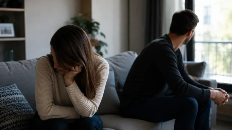 Kobieta siedząca ze spuszczoną głową i mężczyzna odwrócony do okna – kryzys i emocjonalny dystans.