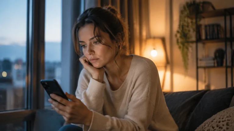 Kobieta sprawdzająca telefon po nagłym zerwaniu kontaktu