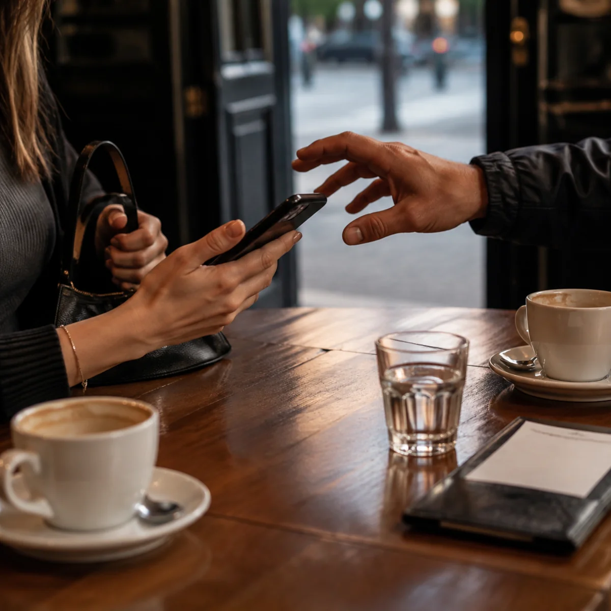 Mężczyzna próbujący sięgnąć po telefon kobiety podczas pierwszej randki w kawiarni