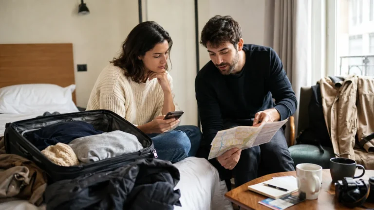 Para planuje pierwszy wspólny wyjazd w pokoju hotelowym, przeglądając mapę i telefon przy otwartej walizce.